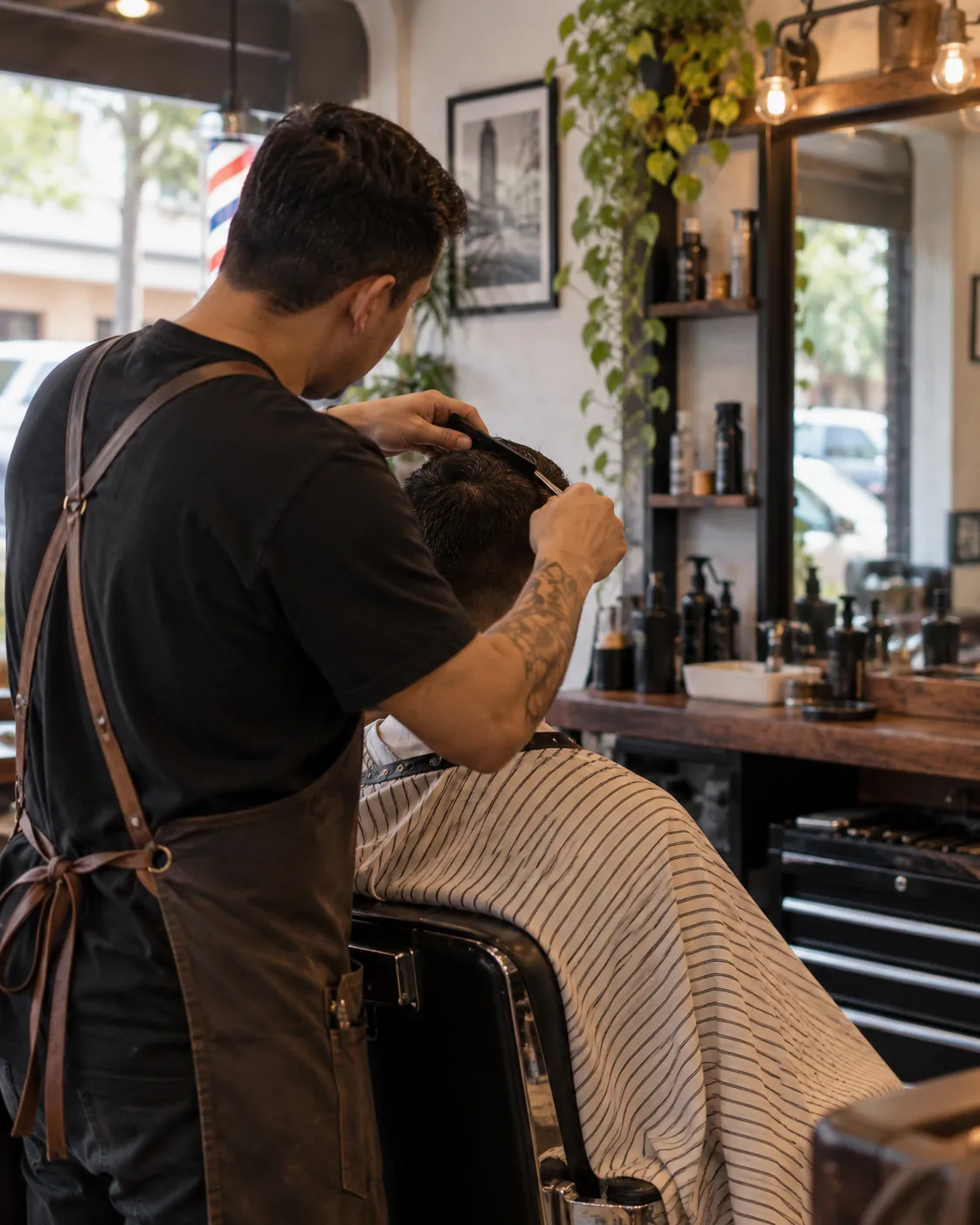 Barbero trabajando en su silla en una barbería de barrio